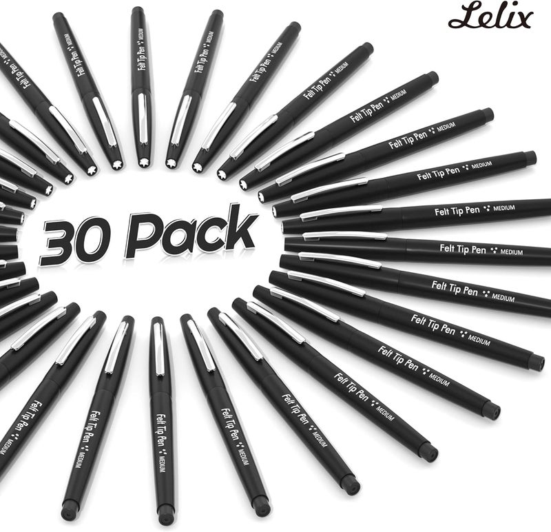 Lelix Felt Tip Pens, 30 Black Pack, 0.7mm Medium Point, Felt Tip Markers Pens for Journaling, Writing, Note Taking, Planner, Perfect for School Office and Art Supplies - Image 2