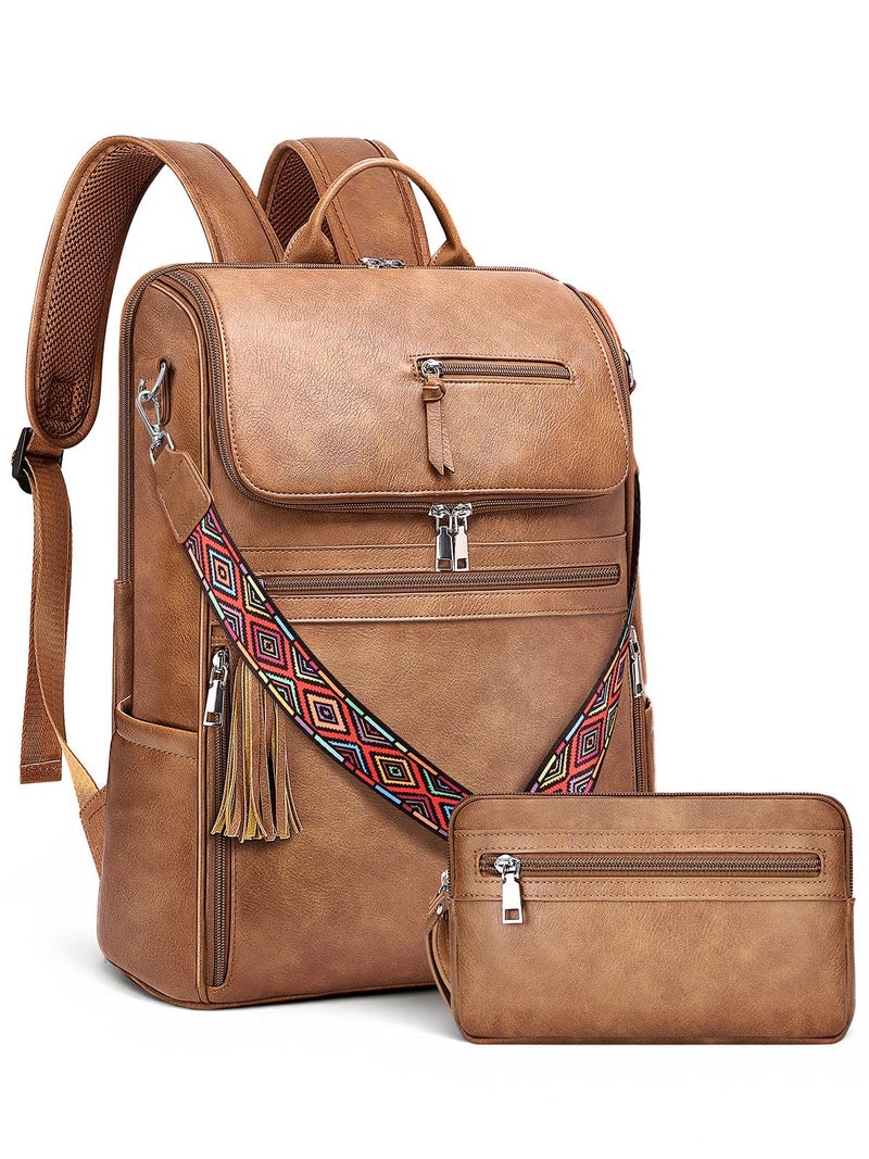 SYTRAH Leather Laptop Backpack for Women Designer Laptop Bag, 16.5 inch Travel Computer Backpacks Purse with Tassel for Work Business with Satchel Purse Brown - Image 1