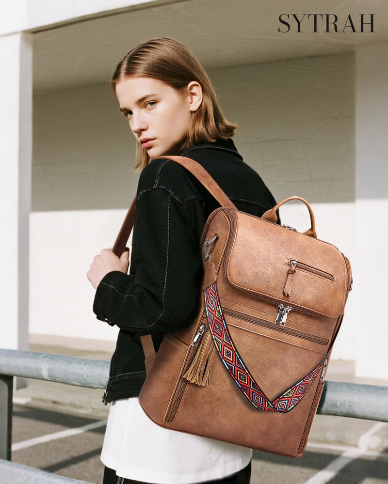 SYTRAH Leather Laptop Backpack for Women Designer Laptop Bag, 16.5 inch Travel Computer Backpacks Purse with Tassel for Work Business with Satchel Purse Brown - Image 3