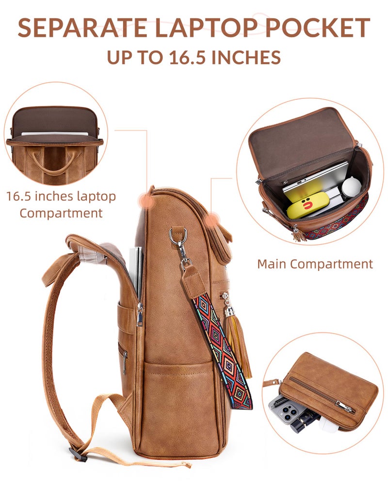 SYTRAH Leather Laptop Backpack for Women Designer Laptop Bag, 16.5 inch Travel Computer Backpacks Purse with Tassel for Work Business with Satchel Purse Brown - Image 5
