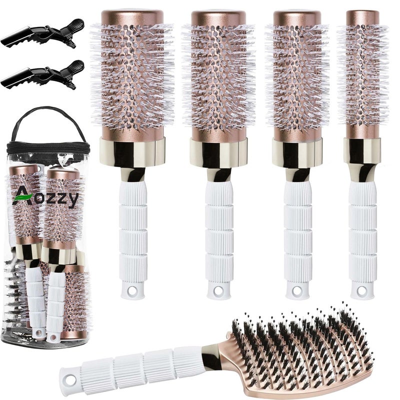 Aozzy Round Brush Set with Boar Bristle Curved Vented Hairbrush for Styling, Drying, and Healthier, Shinier Hair - Image 1