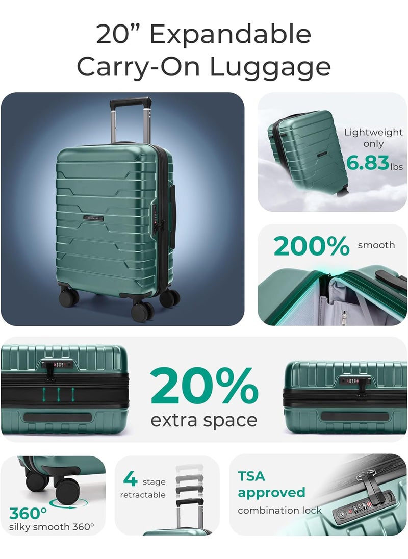 BAGSMART BAGSMART Carry On Luggage 22x14x9 Airline Approved with TSA Lock20 Inch Lightweight Luggage with Spinner Wheels100 PC Hard Shell Carry On Suitcases for Men WomenPine Green  - Image 2