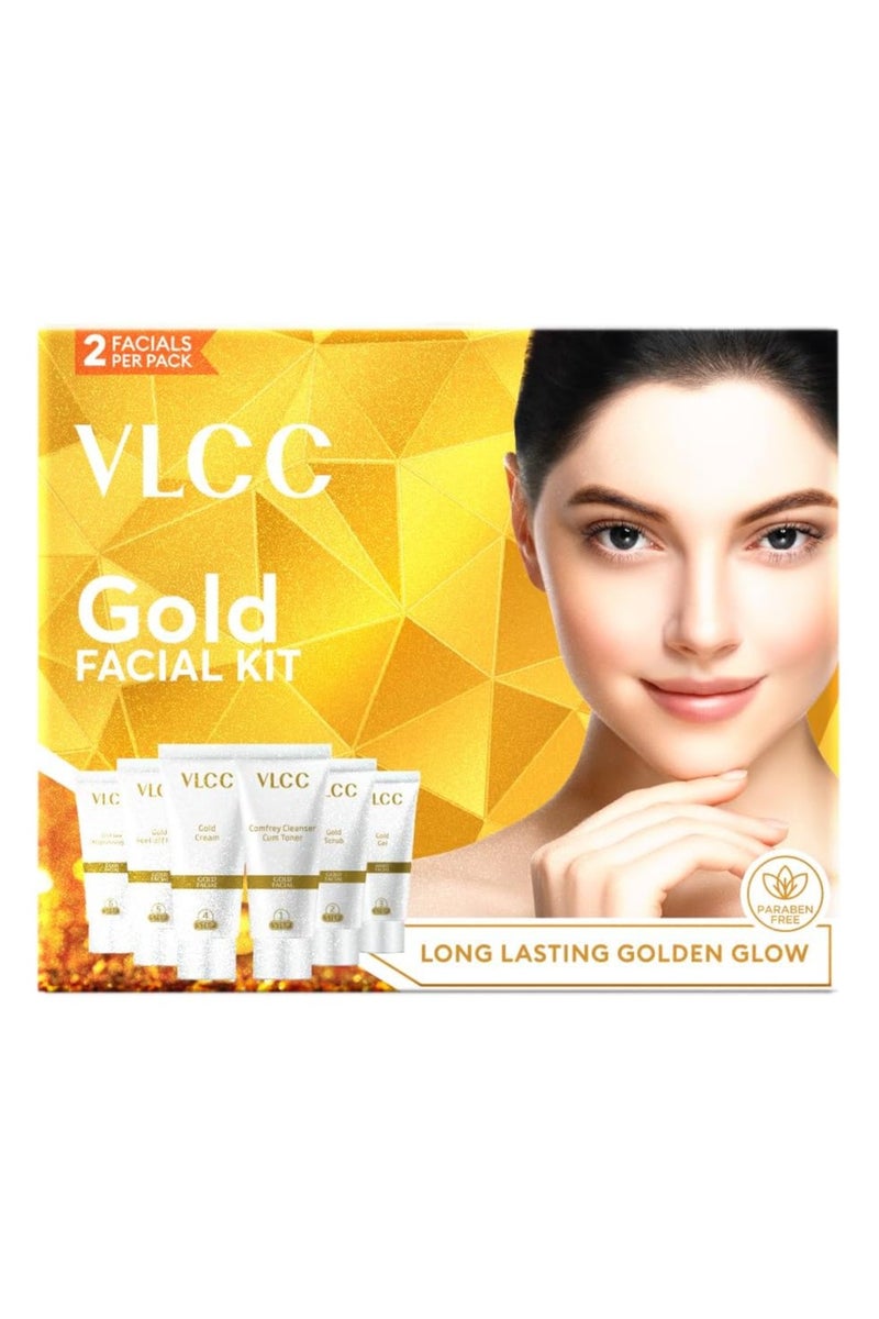 VLCC Gold Facial Kit for Bright & Glowing Skin 60g | 6-Step Facial Kit with Gold Infused Products | Cleanser, Scrub, Gel, Cream, Peel-Off Mask, & Moisturizing Gel | Instant Glow & Hydration. - Image 1