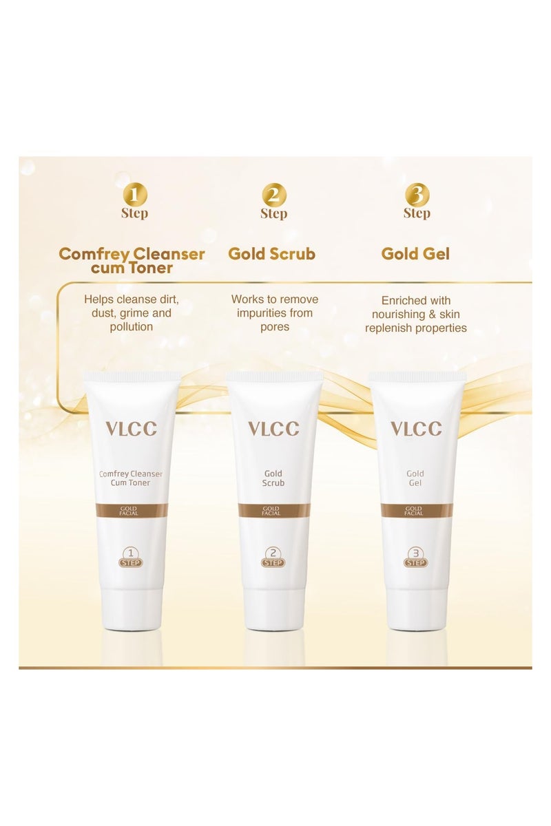 VLCC Gold Facial Kit for Bright & Glowing Skin 60g | 6-Step Facial Kit with Gold Infused Products | Cleanser, Scrub, Gel, Cream, Peel-Off Mask, & Moisturizing Gel | Instant Glow & Hydration. - Image 3