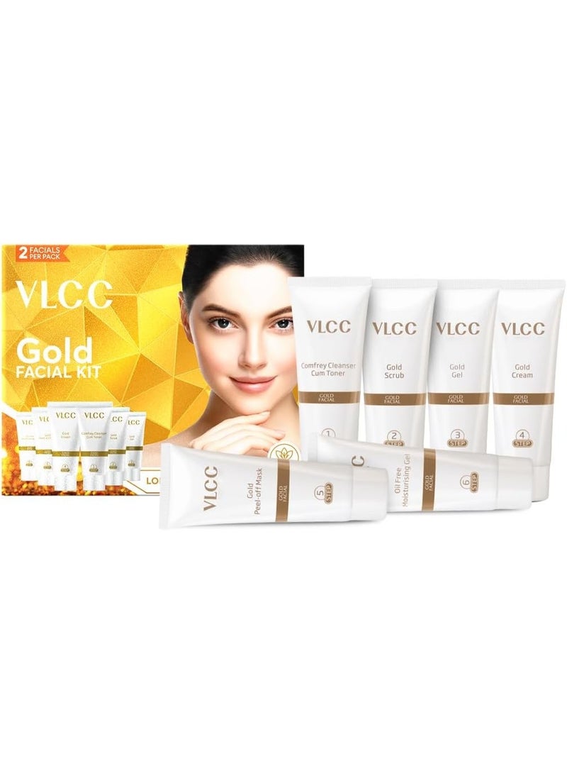 VLCC Gold Facial Kit for Bright & Glowing Skin 60g | 6-Step Facial Kit with Gold Infused Products | Cleanser, Scrub, Gel, Cream, Peel-Off Mask, & Moisturizing Gel | Instant Glow & Hydration. - Image 4