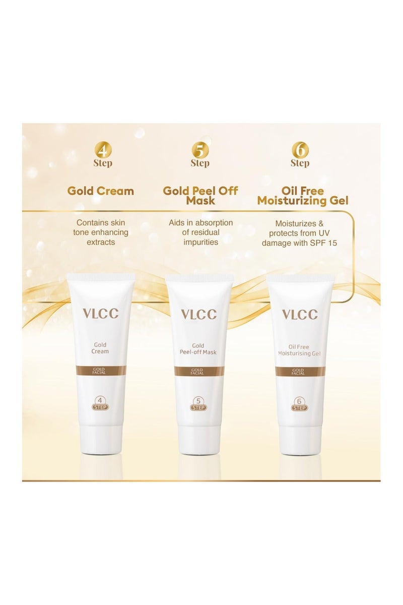 VLCC Gold Facial Kit for Bright & Glowing Skin 60g | 6-Step Facial Kit with Gold Infused Products | Cleanser, Scrub, Gel, Cream, Peel-Off Mask, & Moisturizing Gel | Instant Glow & Hydration. - Image 5