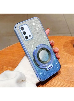 For OPPO A74 4G Plated Gradient Glitter Round Holder TPU Phone Case(Sierra Blue)