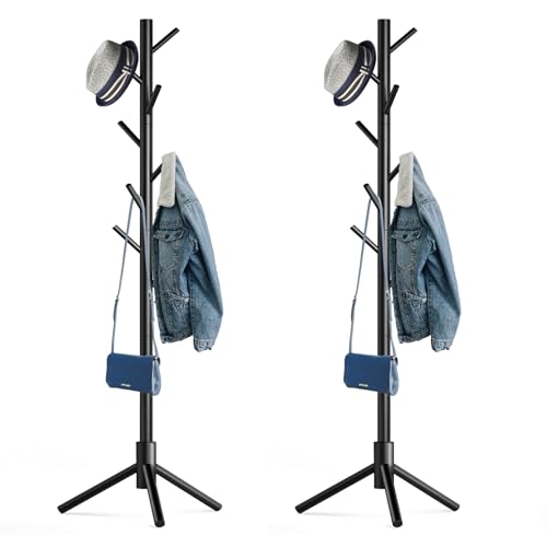Hupmad Wooden Tree Coat Rack StandSturdy Freestanding Coat Rack with 8 Hooks3 Adjustable Height for Child AdultWood Coat Stand Tree Fits Entryway Bedroom Office for BagsHats 2 Pack - Image 1