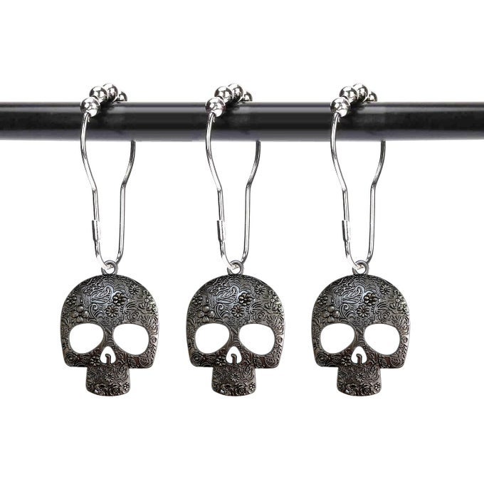 SET OF 12 SUGAR SKULL SHOWER CURTAIN HOOKS DECORATIVE HOME BATHROOM STAINLESS STEEL RUSTPROOF SKELETONS SHOWER CURTAIN RINGS DECOR ACCESSORIES BLACK