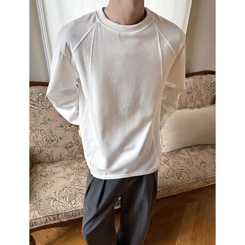 American-style small neckline straight shoulder T-shirt for men's commuting round neck splicing casual versatile boxy style long-sleeved base top - Image 3