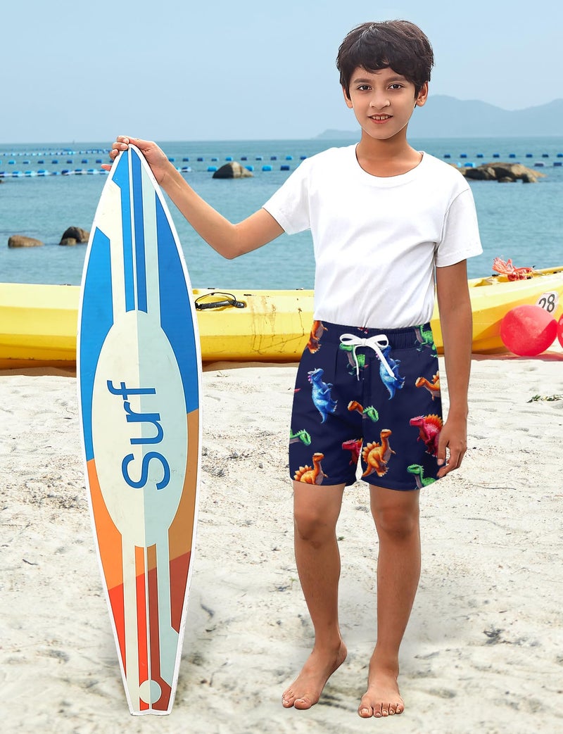 uideazone Boys Dinosaur Swim Trunks Quick Dry Swimsuit Surfing Bathing Suit Beach Board Shorts with Mesh Lining Size 8 Size 9 Size 10 - Image 3