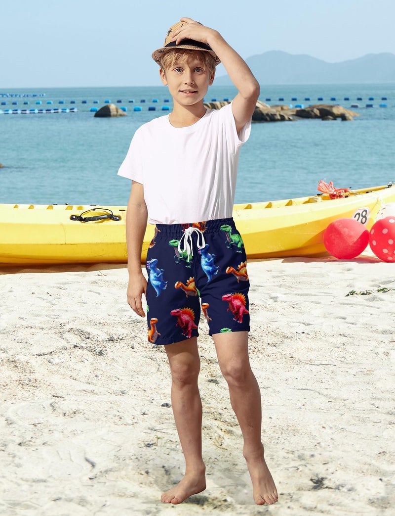 uideazone Boys Dinosaur Swim Trunks Quick Dry Swimsuit Surfing Bathing Suit Beach Board Shorts with Mesh Lining Size 8 Size 9 Size 10 - Image 2