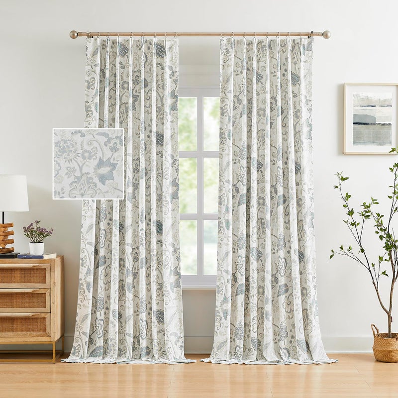 Kayne Studio Blue Grey Blackout Curtain Panels Linen Botanical Leaf Print Floral Farmhouse Drapes Soundproof Light Blocking Window Treatment Living Room Bedroom Pinch Pleated BackTab,40"x108",2 Panels - Image 1
