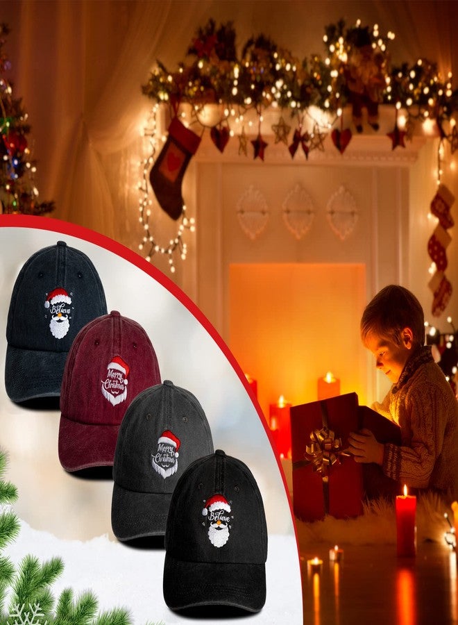 Vabean 4 Pcs Christmas Hat Baseball Cap Gift Santa Embroidered Xmas Hat Adjustable Washed Funny Baseball Cap for Men Women (Dark Color) - Image 4