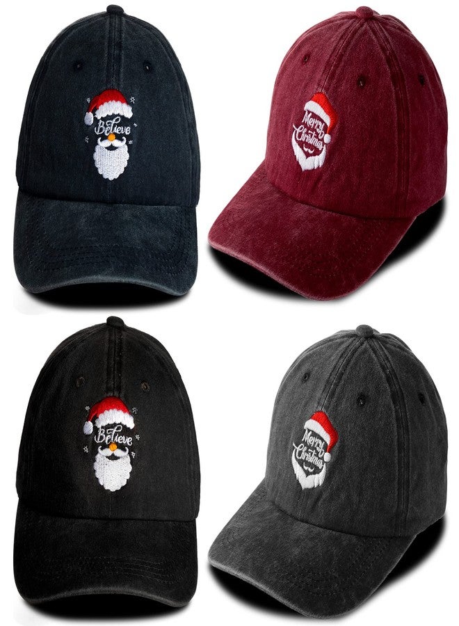 Vabean 4 Pcs Christmas Hat Baseball Cap Gift Santa Embroidered Xmas Hat Adjustable Washed Funny Baseball Cap for Men Women (Dark Color) - Image 1