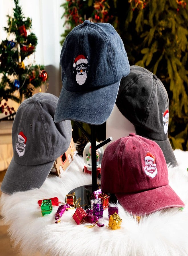 Vabean 4 Pcs Christmas Hat Baseball Cap Gift Santa Embroidered Xmas Hat Adjustable Washed Funny Baseball Cap for Men Women (Dark Color) - Image 5