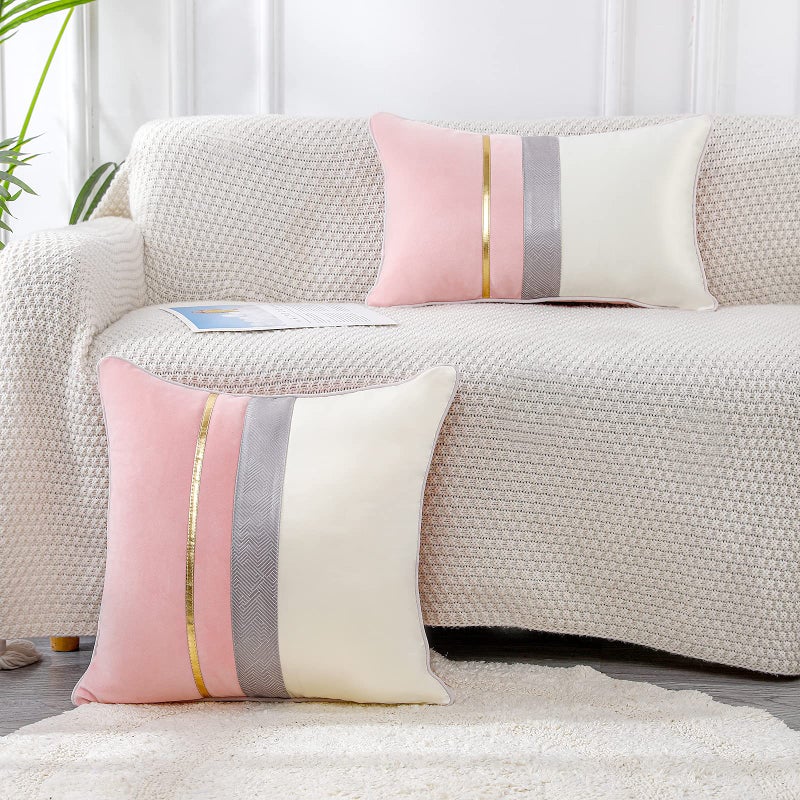 PANOD Patchwork Pink Silk-Like Velvet Throw Pillow Cover with Gold Striped Leather Cushion Case Modern Luxury Square Pillowcase for Sofa Couch Bedroom Living Room Home 18x18 inch - Image 3