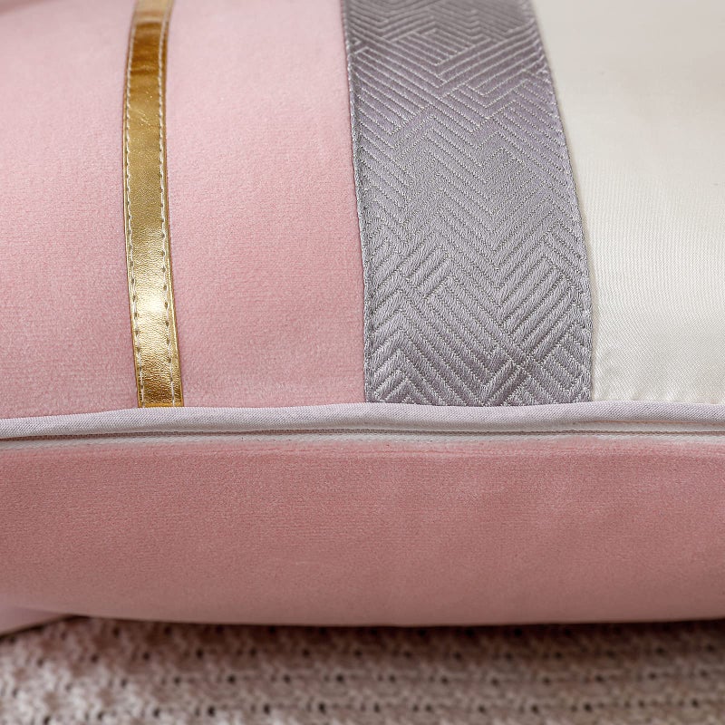 PANOD Patchwork Pink Silk-Like Velvet Throw Pillow Cover with Gold Striped Leather Cushion Case Modern Luxury Square Pillowcase for Sofa Couch Bedroom Living Room Home 18x18 inch - Image 4