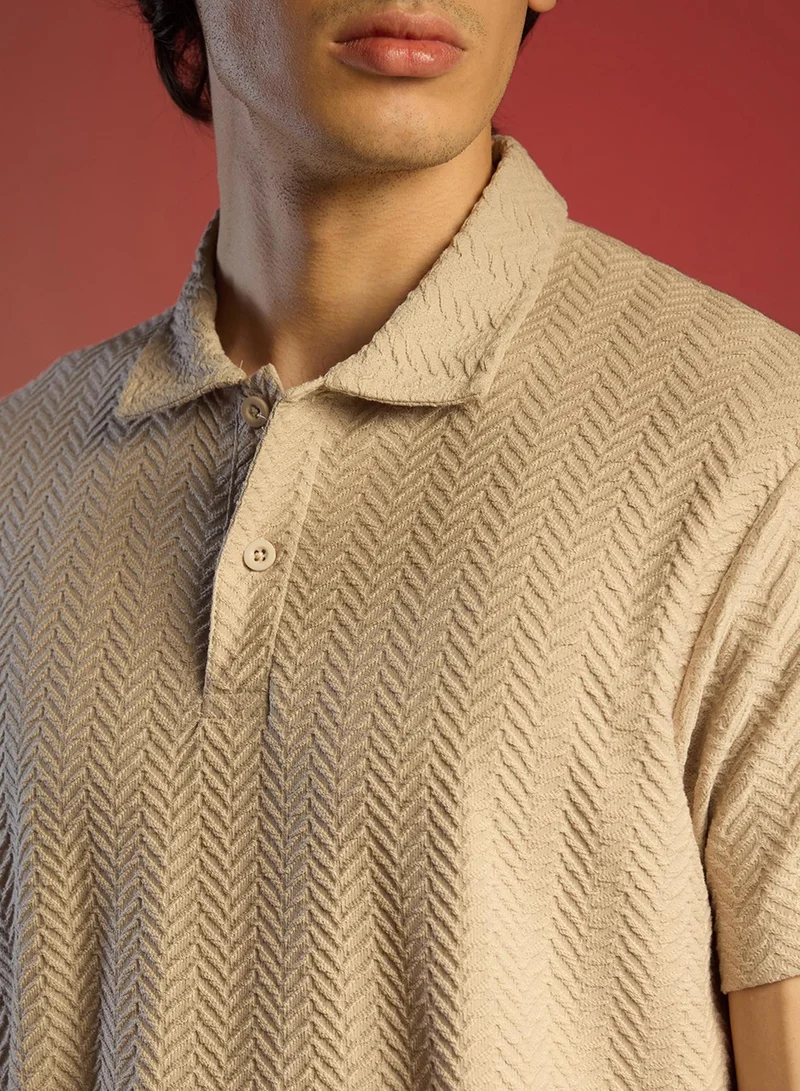 Campus Sutra Men's Saltbox Beige Chevron Polo T-Shirt