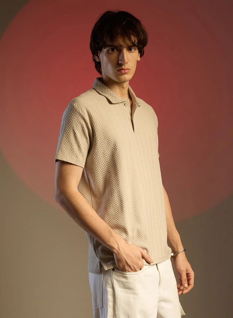 Campus Sutra Men's Saltbox Beige Chevron Polo T-Shirt