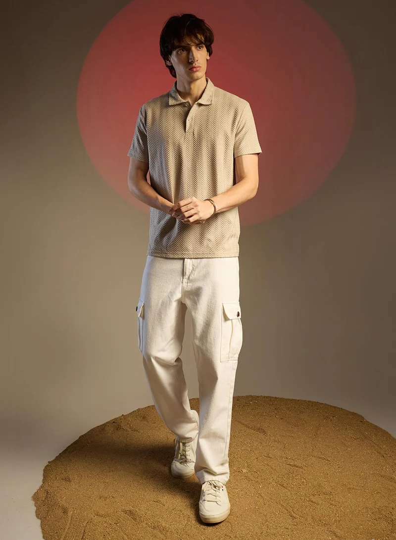 Campus Sutra Men's Saltbox Beige Chevron Polo T-Shirt