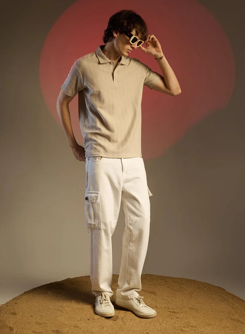 Campus Sutra Men's Saltbox Beige Chevron Polo T-Shirt