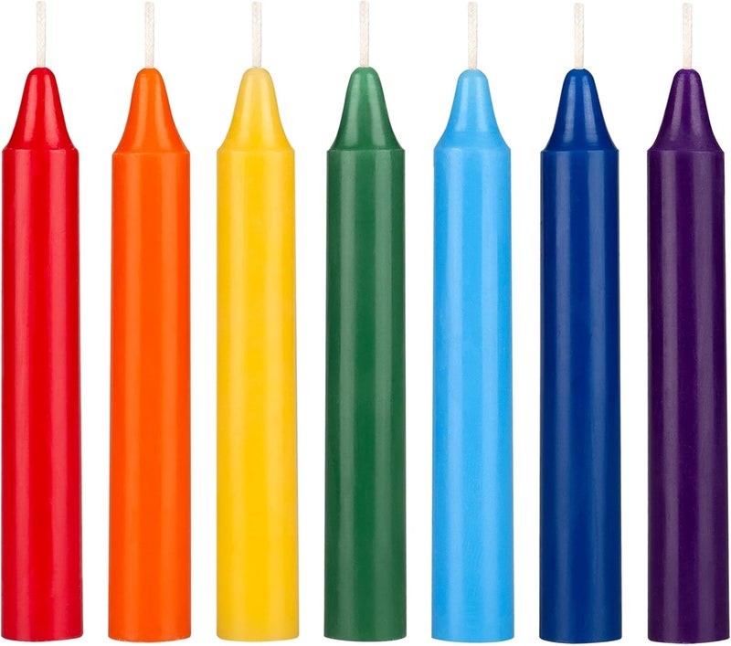 Mega Candles 7 pcs Unscented Straight Taper Chakra Candles, Hand Poured Premium Wax Candle 5 Inch x 3/4 Inch, 100% Cotton Wick, Positive Healing Energy, Meditation, Relaxation, Reiki, Yoga