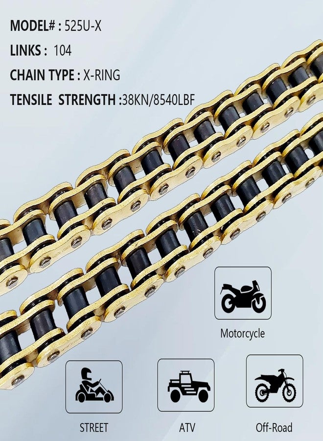 BIGLKNM سلسلة دراجة نارية BIGLKNM 525 X-Ring مكونة من 104 حلقات مع وصلة رئيسية، سلسلة قيادة ذهبية اللون مناسبة لدراجات سوزوكي وهوندا وكاواساكي والدراجات النارية والدراجات الصغيرة والدراجات الترابية - Image 2
