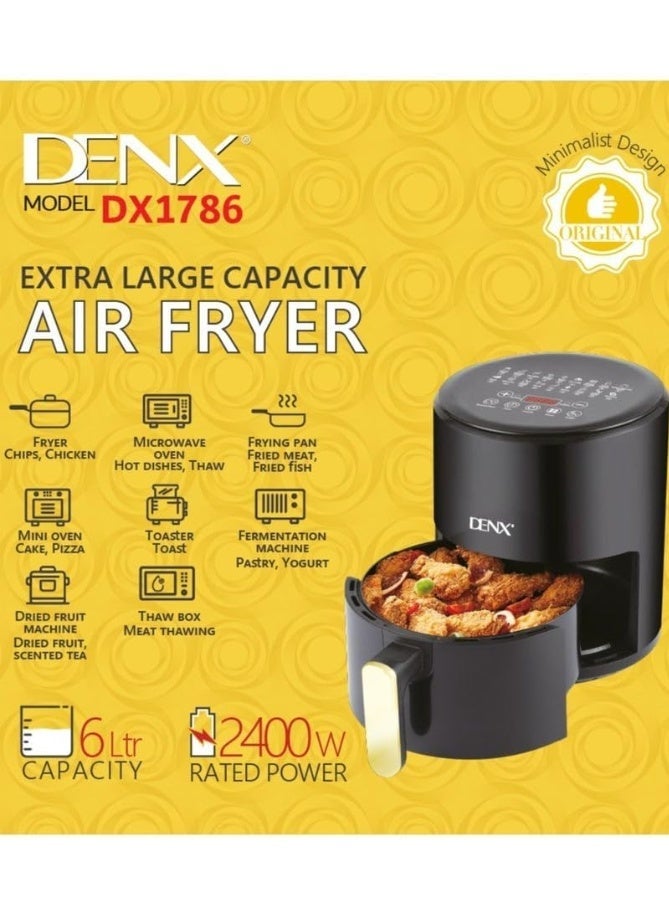 Denx DX1786 6L Digital Air Fryer 2400W – Extra Large Capacity Oil-Free Air Fryer for Frying, Baking, Grilling & Roasting – LED Touch Control, Non-Stick Basket, Rapid Hot Air Circulation – Black - Image 4