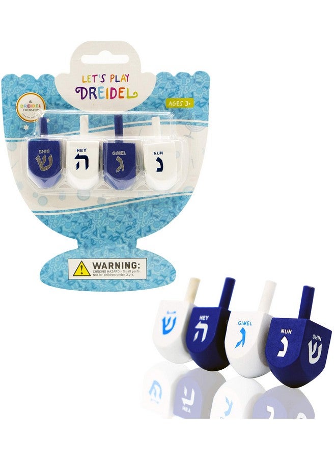 The Dreidel Company The Dreidel Company Bulk Solid Blue & White Wooden Hanukkah Dreidels, Hand Painted with English Transliteration- Includes Game Instruction Cards (4-Pack) - Image 1