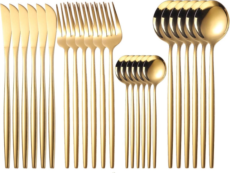Silverware Set Stainless Steel Cutlery: 24 Piece Dinnerware Utensils Dinner Forks Spoons Steak Knife Service 6 (Fully Gold)