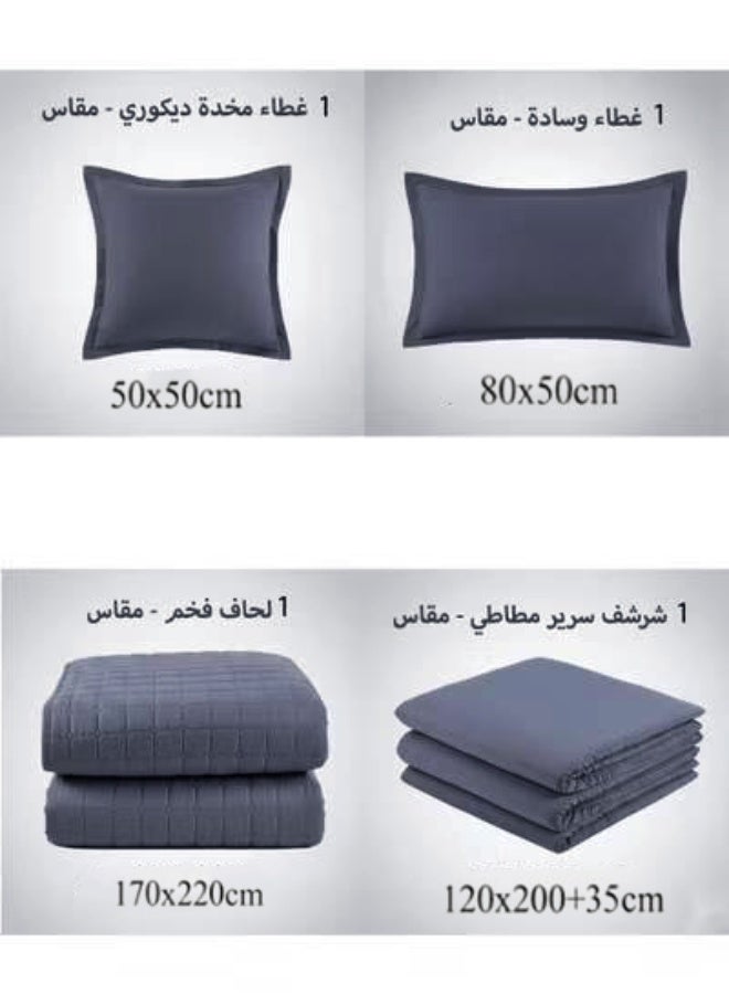 مون مفرش سرير نفر ونص سادة مبطن مضغوط بتصميم مربعات أنيق – 4 قطع – لحاف 170×220 سم – شرشف مغاط عميق 120×200+35 سم مع غطاء وسادة وغطاء مخدة ديكور - Image 4