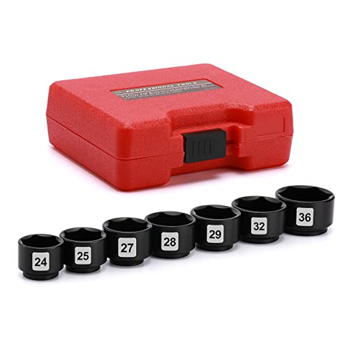 EMENTOL 7PCS 3/8" Drive Low Profile Oil Filter Socket, CR-V, Oil Filter Cap Remover and Installer Tool Set, 24mm, 25mm, 27mm, 28mm, 29mm, 32mm, 36mm, Oil Filter Cap Wrench Tool Kit - Image 1