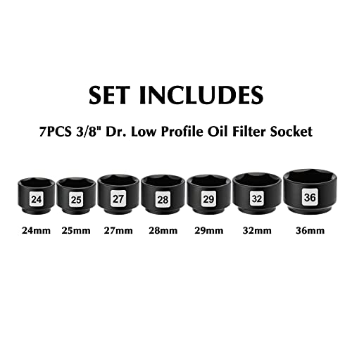 EMENTOL 7PCS 3/8" Drive Low Profile Oil Filter Socket, CR-V, Oil Filter Cap Remover and Installer Tool Set, 24mm, 25mm, 27mm, 28mm, 29mm, 32mm, 36mm, Oil Filter Cap Wrench Tool Kit - Image 2