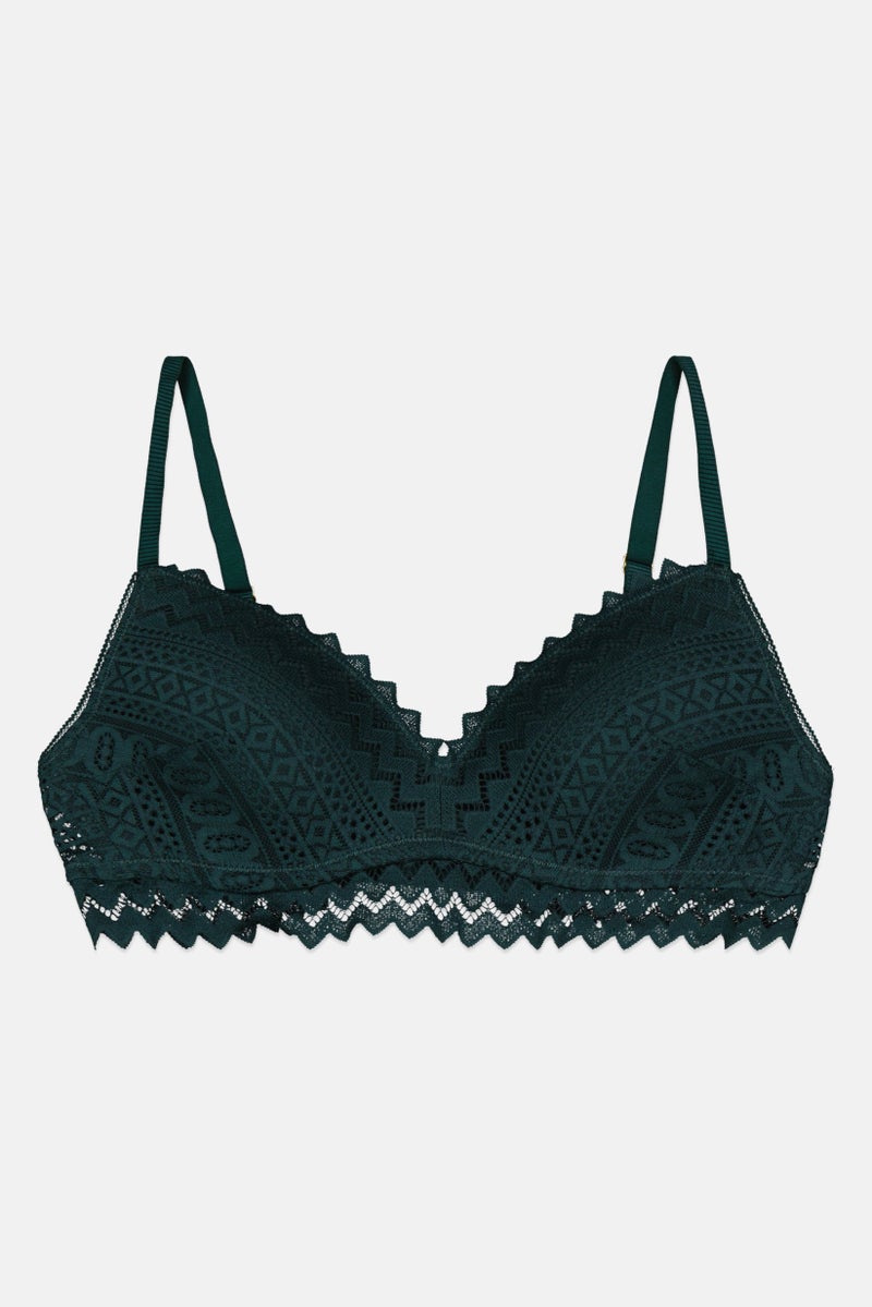 Etam Women Lightly Padded Wireless Lace Bra, Dark Green - Image 1
