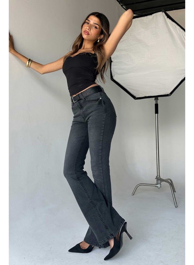 CIZARO Flare - High-Waist Charcoal Black Jeans  - Image 2