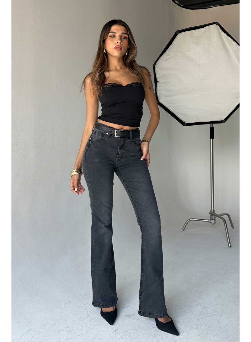 CIZARO Flare - High-Waist Charcoal Black Jeans  - Image 1