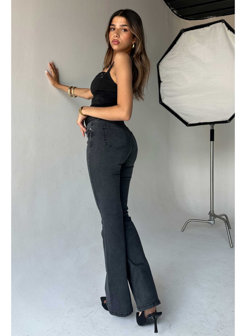 CIZARO Flare - High-Waist Charcoal Black Jeans  - Image 3