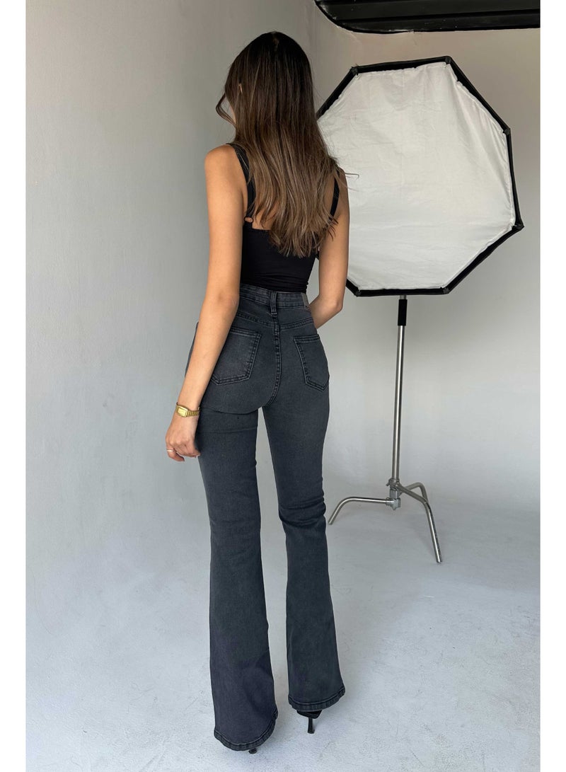 CIZARO Flare - High-Waist Charcoal Black Jeans  - Image 4