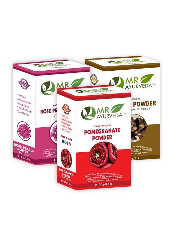 MR Ayurveda مجموعة مسحوق قشر الرمان ومسحوق بتلات الورد ومسحوق الموليثي (100 جرام لكل منها) - Image 1