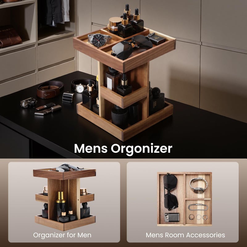 EXIN DECHEN منظم عطور إكسين ديشين للرجال، حامل عطور، رف عطور خشبي ثلاثي الطبقات مع دوران، منظم مكتب، هدية للأب من الزوجة، أفكار هدايا عيد ميلاد للزوج أو الصديق، هدية عيد الأب للرجال - Image 4