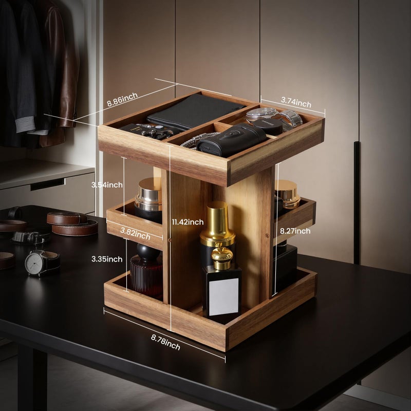 EXIN DECHEN منظم عطور إكسين ديشين للرجال، حامل عطور، رف عطور خشبي ثلاثي الطبقات مع دوران، منظم مكتب، هدية للأب من الزوجة، أفكار هدايا عيد ميلاد للزوج أو الصديق، هدية عيد الأب للرجال - Image 2