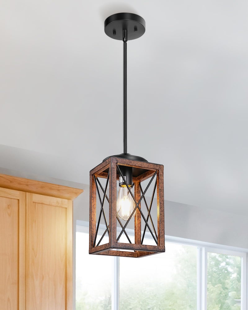 DEWENWILS Farmhouse Pendant Light, Metal Hanging Light Fixture with Wooden Grain Finish, 48 Inch Adjustable Pipes for Flat and Slop Ceiling, Kitchen Island, Bedroom, Dining Hall, E26 Base - Image 1
