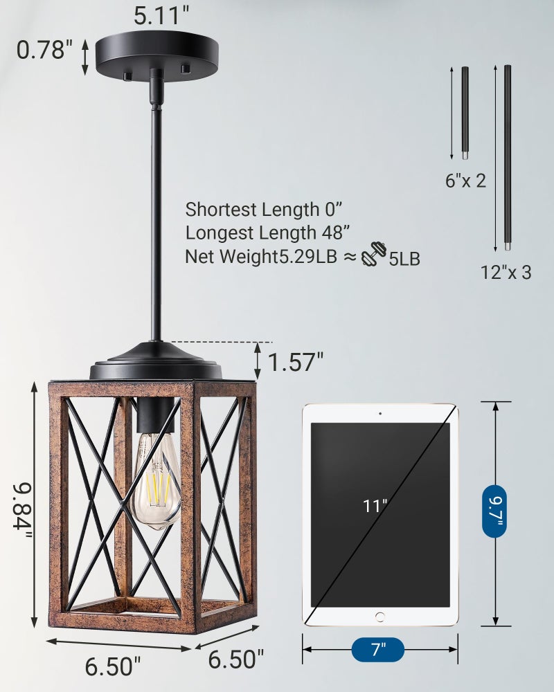 DEWENWILS Farmhouse Pendant Light, Metal Hanging Light Fixture with Wooden Grain Finish, 48 Inch Adjustable Pipes for Flat and Slop Ceiling, Kitchen Island, Bedroom, Dining Hall, E26 Base - Image 2