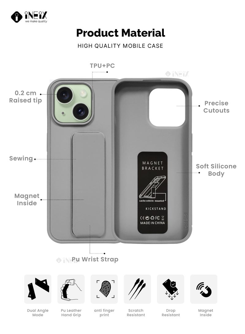 إينيكس جراب حماية 3 في 1 مغناطيسي ذو مسند للهاتف وسوار لأصابع اليد لهاتف  ايفون 15 بلس‎-رمادي - Image 2