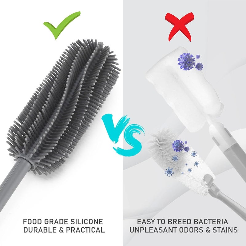 ddLUCK Silicone Bottle Cleaning Brush with Long Handle, Water Bottle Cleaner for Baby Bottles, Hydro Flask, Sports Bottle, Vase, Glassware, Perfect for Smaller Diameter Bottle Openings (Qty 1) (Long Grey) - Image 5