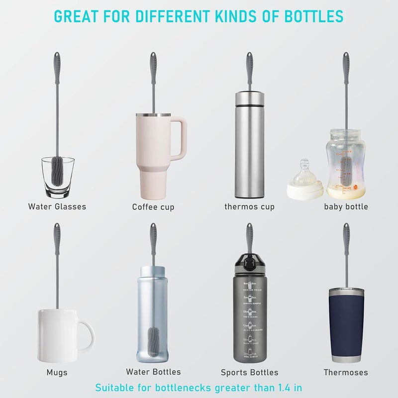 ddLUCK Silicone Bottle Cleaning Brush with Long Handle, Water Bottle Cleaner for Baby Bottles, Hydro Flask, Sports Bottle, Vase, Glassware, Perfect for Smaller Diameter Bottle Openings (Qty 1) (Long Grey) - Image 2