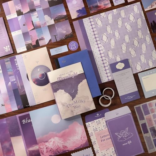 GDNK 348 Pcs Aesthetic Scrapbook & Journal Kit DIY Journaling Supplies, A6 Grid Notebook with Graph Ruled Pages, Craft Gift for Girls & Kids (Purple Moonlight) - Image 4