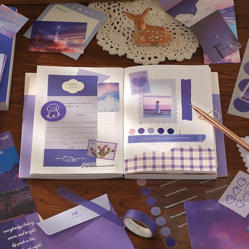 GDNK 348 Pcs Aesthetic Scrapbook & Journal Kit DIY Journaling Supplies, A6 Grid Notebook with Graph Ruled Pages, Craft Gift for Girls & Kids (Purple Moonlight) - Image 5