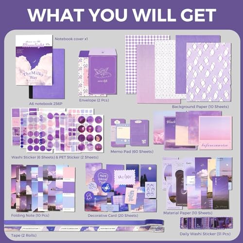 GDNK 348 Pcs Aesthetic Scrapbook & Journal Kit DIY Journaling Supplies, A6 Grid Notebook with Graph Ruled Pages, Craft Gift for Girls & Kids (Purple Moonlight) - Image 2
